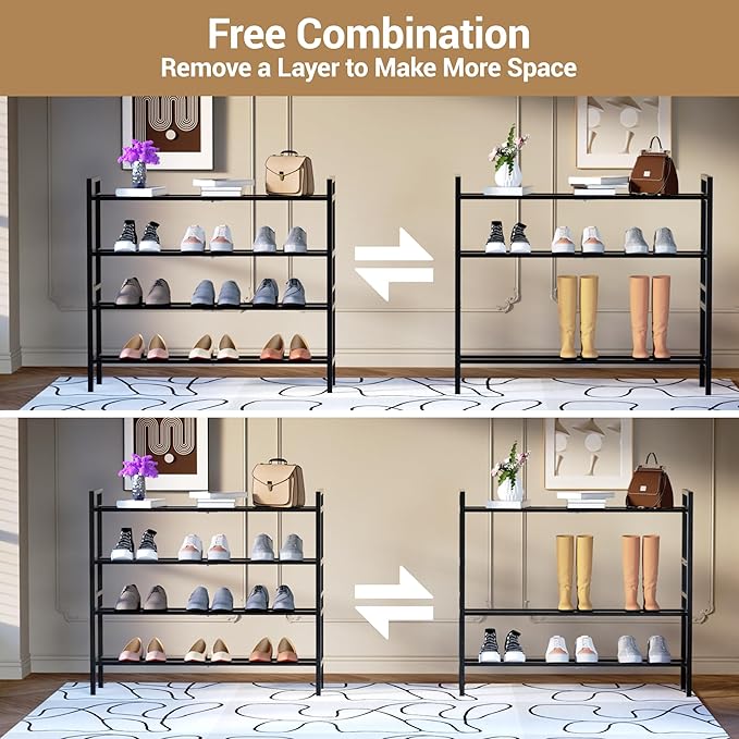 Haddockway Bamboo Shoe Rack for Closet, Free Standing Shoe Organizer with Smooth Round Rods & Convenient Handles, Stackable Shoe Storage Shelf for Entryway, Hallway(Black, 4-Tier)