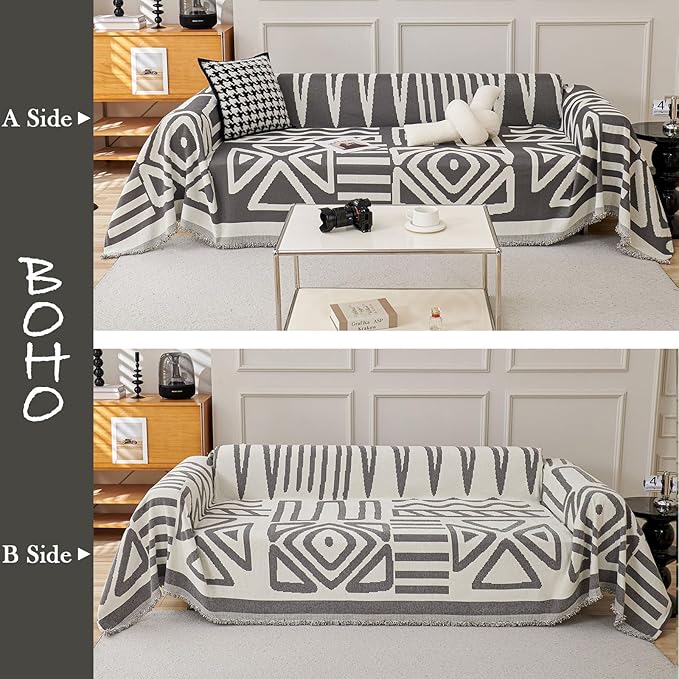 HANDONTIME Reversible Sofa Cover Boho Geometric Couch Cover for Dogs Dark Grey Couches Covers Washable Chenille Couch Covers for 3 Cushion Couch Pet Friendly Furniture Protector for Pets, 91" X134"