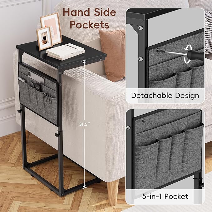 Vagusicc C Shaped End Table, 33'' Tall Side Table for Couch, Adjustable Height Small Couch Side Table for Small Spaces, Couch Table Slide Under Sofa Table TV Tray Table for Living Room Bedroom, Black