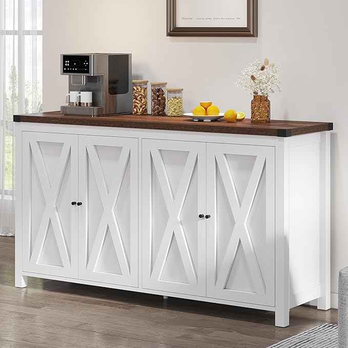 YITAHOME Farmhouse Sideboard Buffet Cabinet with Storage, 55'' Kitchen Storage Cabinet Coffee Bar Cabinets with Adjustable Shelf for Kitchen, Living Room, White