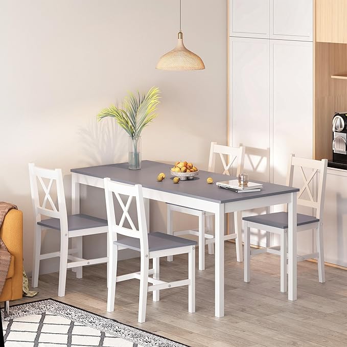 SogesPower Dining Table Set for 4, 5-Piece Wood Kitchen Dining Table Set with 4 Chairs for Kitchen Dining Room Restaurant Small Space, 47" Grey&White
