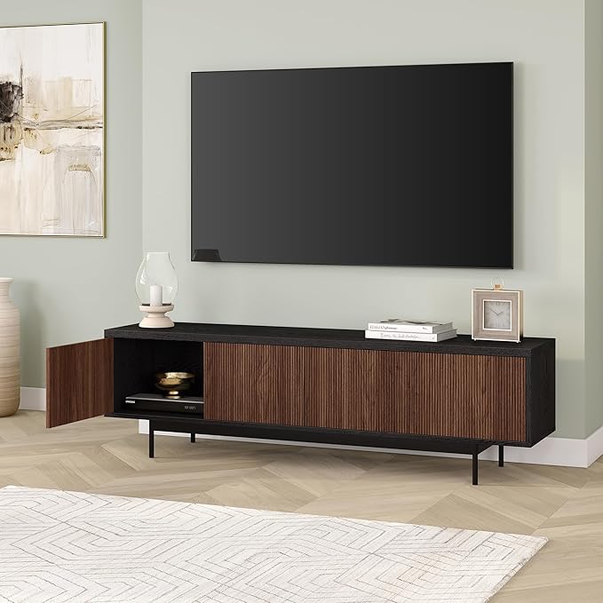 Henn&Hart Rectangular TV Stand for TV's up to 75" in Natural Black/Medium Walnut, for Home, Living Room, Bedroom, Entertainment Room, Office