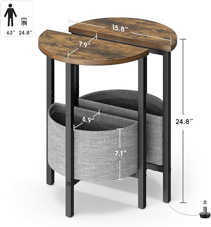 Vagusicc Small Round Side Table, Accent End Table with Storage Basket, Set of 2 Half Round Tables End Table, Coffee Bedside Table Half Moon Tables, Modern Nightstand for Living Room Bedroom, Brown