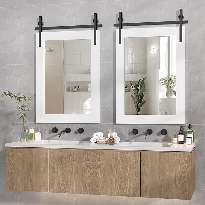 Hasipu Farmhouse Bathroom Mirror, 22"x30" Rustic Wood Framed Wall Mounted Mirror, White Vintage Vanity Mirror Barn Door Style Decrative Mirrors