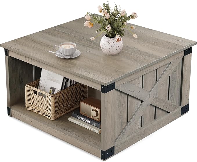 WLIVE Coffee Table, Farmhouse Coffee Table with Open Storage, 31.5" Wood Square Living Room Tables, Rustic Dining Cocktail Center Table for Living Room, Greige