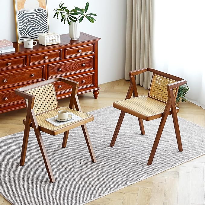 Rattan Dining Chairs Set of 2, Mid-Century Accent Armchair, Wicker Chair, Outdoor Bamboo Chair for Dining Room, Living Room, Bedroom, Kitchen, Walnut