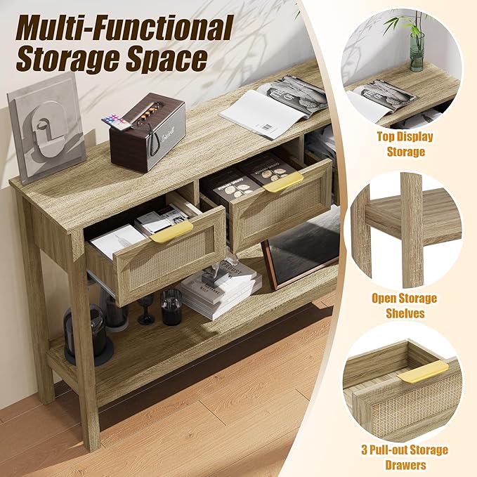 Entryway Table, Rattan Console Table with 3 Storage Drawers and Storage Shelf, Sofa Table with Socket, for Entryway, Living Room, Behind Couch and Hallway (Natural Wood)