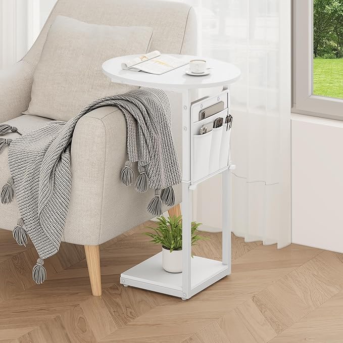 Vagusicc C Shaped End Table, Adjustable Height Small Side Table for Couch and Recliner, 32" Tall Couch Side Table Slide Under Sofa Tray Desk with Storage Bag for Living Room and Bedroom, White