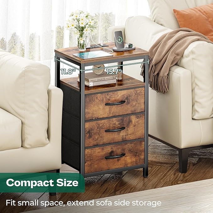 Huuger Nightstand with Charging Station, 27.6 Inch Bedside Table with Fabric Drawers, End Table with USB Ports and Outlets, Night Stand for Bedroom, Rustic Brown