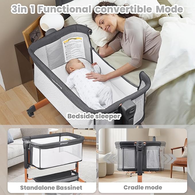 Baby Bassinet, 3 in 1 Bedside Sleeper for Newborn, Bedside Bassinet for Baby with 6 Adjustable Height, Soft Mattress, Compact, Easy to Fold