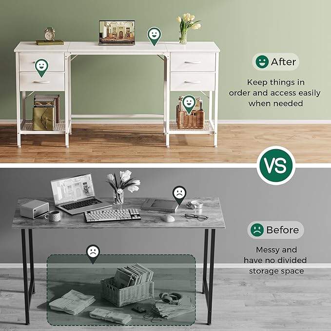 Huuger 63 Inch White Desk with 4 Drawers, Vanity Desk with Mesh Shelf, Large Storage, Computer Desk Office Desk for Home Office, Bedroom, Work from Home