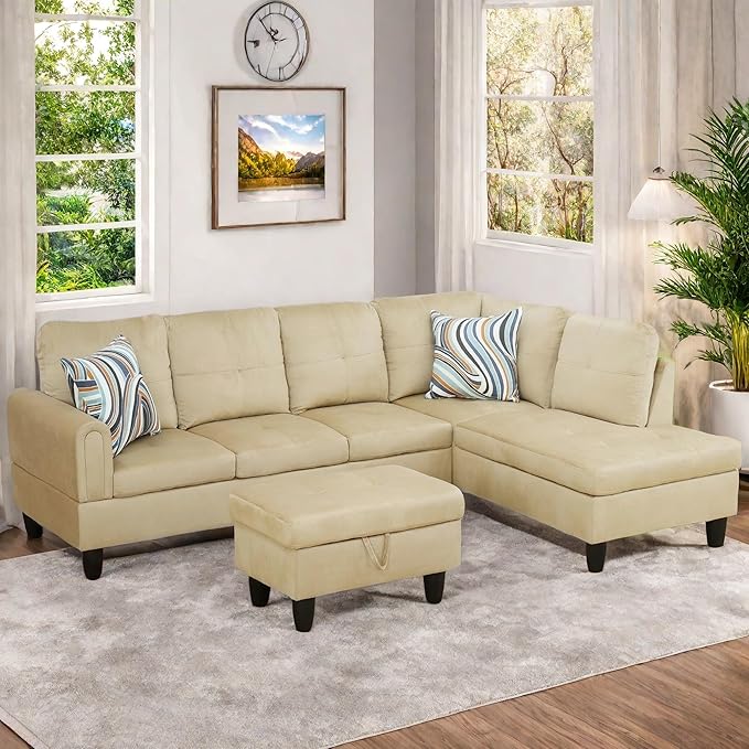 Sectional Couch with Otttoman, 97" L Shaped Couch Sectional Sofa for Living Room, Modern Modular Couches with Cup Holders for Bedroom, Apartments, Beige