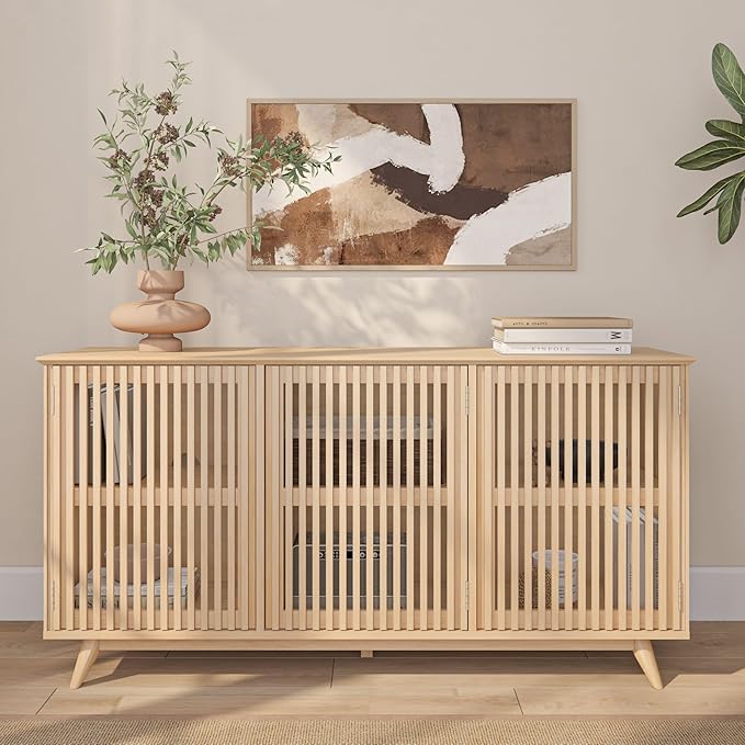Plank+Beam Mid-Century Modern Wood TV Stand, Three Door Solid Wood Entertainment Console with Storage, 59" L x 16" W x 30" H, Blonde