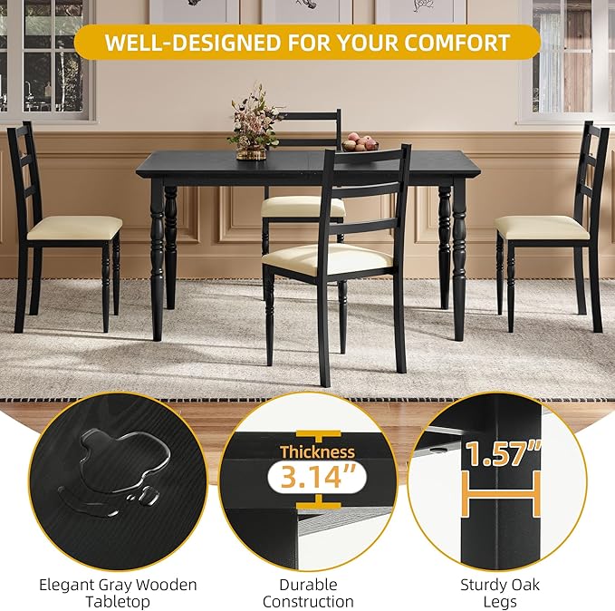 DWVO 5-Piece Dining Table Set for 4, Kitchen Dining Room Table with Upholstered Chairs, Faux Leather Cushions, Modern Rectangular Dinner Table Set for Small Spaces & Apartment, Black