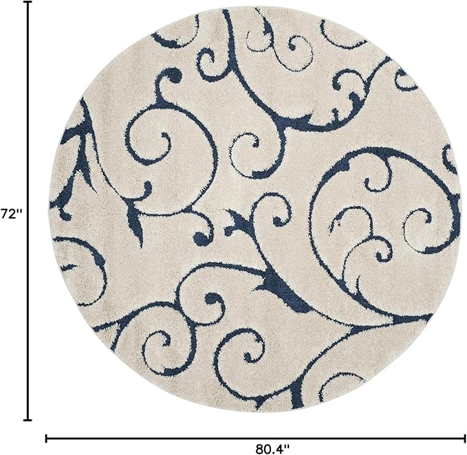 SAFAVIEH Florida Shag Collection Area Rug - 6'7" Round, Cream & Blue, Scroll Design, Non-Shedding & Easy Care, 1.2-inch Thick Ideal for High Traffic Areas in Living Room, Bedroom (SG455-1165)