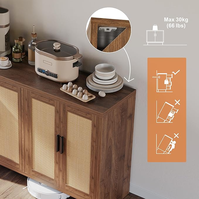 Rattan Buffet Cabinet with Storage, Sideboard Cabinet with Doors and Adjustable Shelves, Farmhouse Coffee Bar Station Table, Modern Wood Cupboard for Kitchen, Livingroom, Walnut
