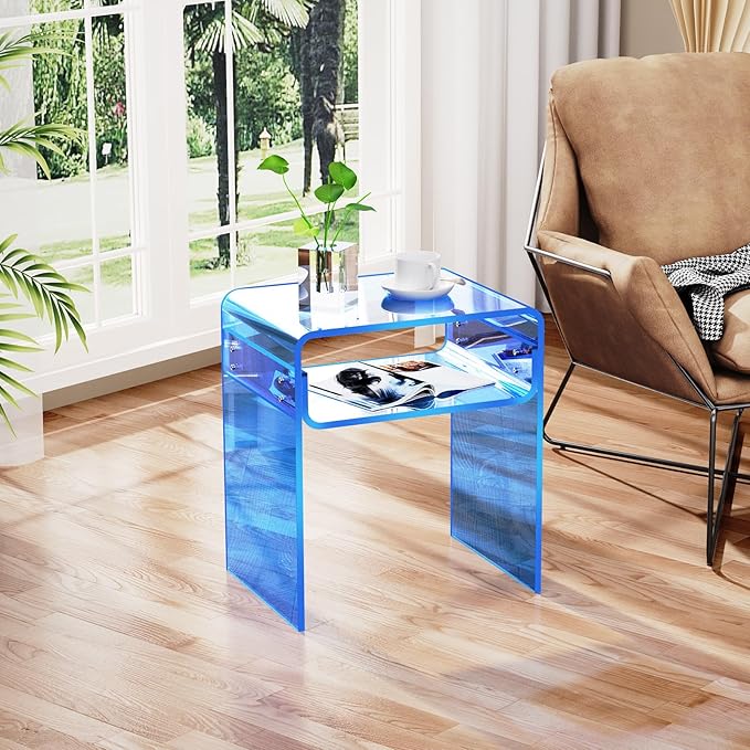 Clear Acrylic End Table 2-Tier Bedside nightstand for Living Room Bedroom Home Decor (Blue)