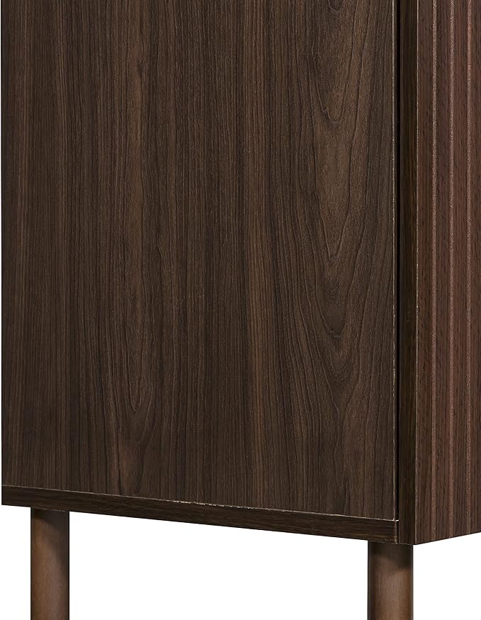 Sango Merk 2-Door Cabinet, Modern Walnut Storage Cabinet with Vertical Groove Doors, Adjustable Shelf, Cylindrical Wood Legs, Discreet Metal Finger Pulls, Stylish Furniture for Living or Dining Room