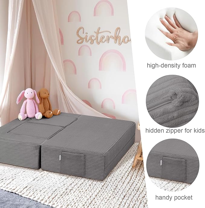 MeMoreCool Modular Kids Couch, Corduroy Play Toddler Couch for Bedroom Playroom Furniture, Convertible Foam Kids Sofa Bed, Fold Out Baby Sofa for Girl Boy, Light Grey