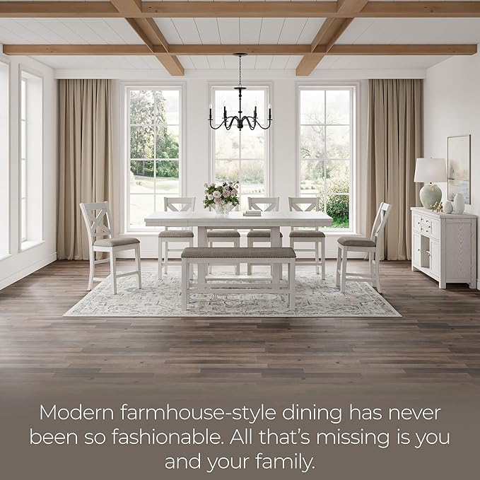 Signature Design by Ashley Robbinsdale Farmhouse Distressed Counter Height Dining Extension Table with Trestle Base, Planked Effect and 2 Removable End Leaves, White