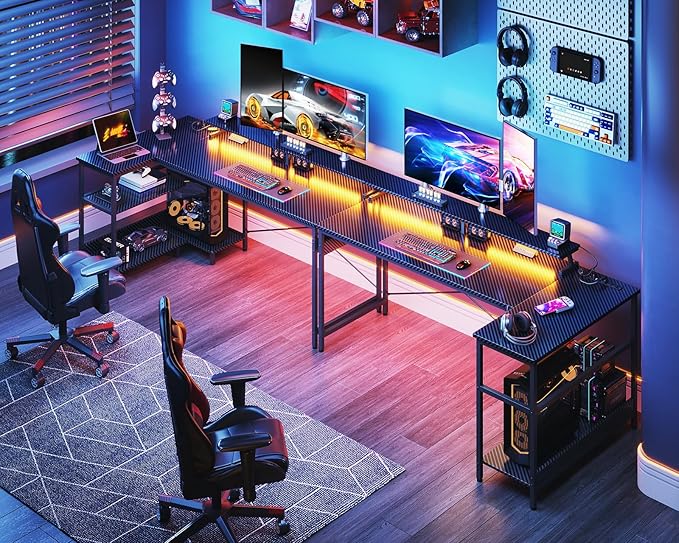 ODK 66 Inch Gaming Desk with USB Charging Ports and LED Lights, Reversible L Shaped Computer Desk with Storage Shelves & Monitor Stand, Corner Gamer Desk Table with Power Outlets, Carbon Fiber Black