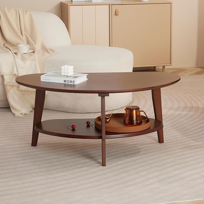 Mid Century Modern Coffee Table with Storage, 2 Tier Oval Round Coffee Tables for Living Room Home Office, FSC Certifiled 100% Solid Bamboo Wood Center Table Easy Assemble (Espresso)