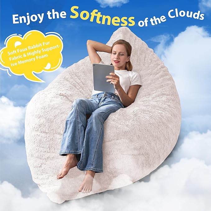 HABUTWAY 4 in 1 Bean Bag Chair, Giant Memory Foam Filling Bean Bag Sofa, Adult Bean Bag Chair, Machine Washable Faux Fur Cover, Bean Bag for Adult (White)