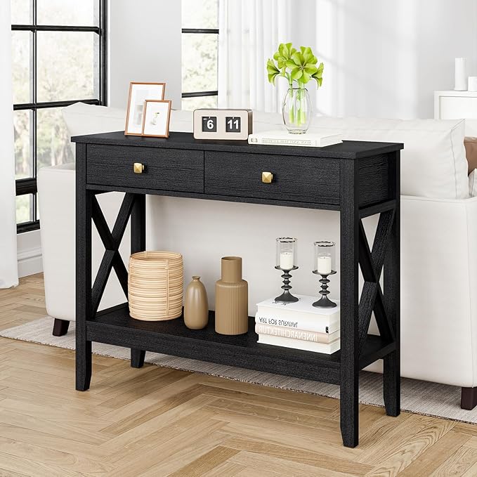 Console Table,Sofa Table 13.8" D x 39.37" W x 31.5" HEntryway Table with 2 Drawers Storage Shelve Foyer Table for Entryway Farmhouse Hallway Tables (Black)