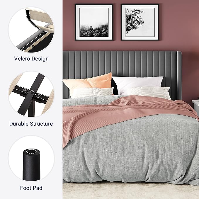 Allewie Full Size Velvet Bed Frame/Vertical Channel Tufted Wingback Headboard/Upholstered Platform Bed/Strong Wooden Slats/No Box Spring Needed/Easy Assembly/Grey