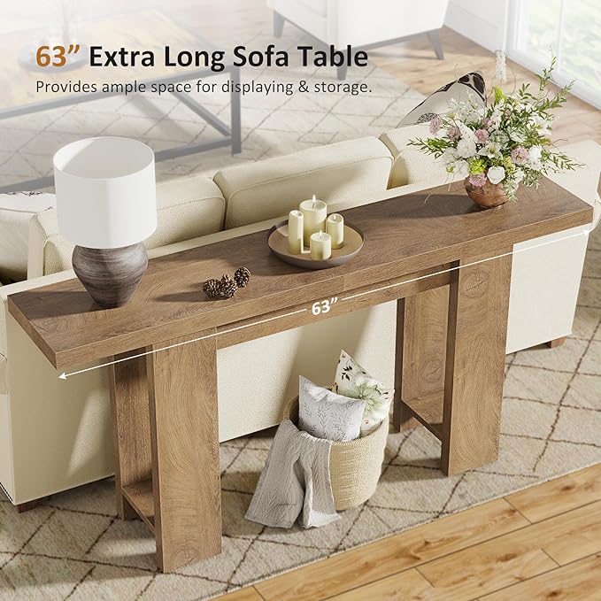 63-Inch Farmhouse Console Table, Narrow Long Sofa Table Behind Couch, Wooden Style Entry Console for Entryway, Foyer, Hallway, Living Room, Light Brown