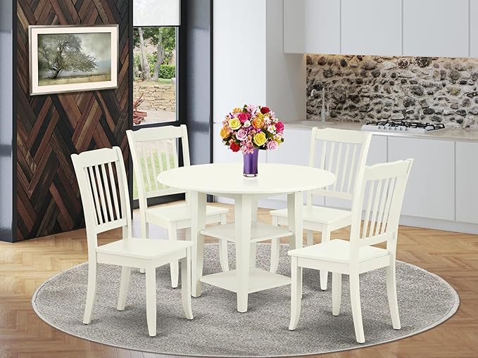 East West Furniture SUDA5-LWH-W 5 Piece Dining Room Furniture Set Includes a Round Kitchen Table with Dropleaf & Shelves and 4 Dining Chairs, 42x42 Inch, Linen White