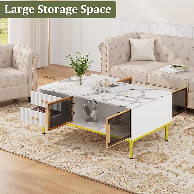 GAOMON Coffee Table for Living Room, Faux Marble Coffee Table with 4 Drawers and Glass Doors Storage, Modern Aesthetic Fluted Panel Design, White & Gold
