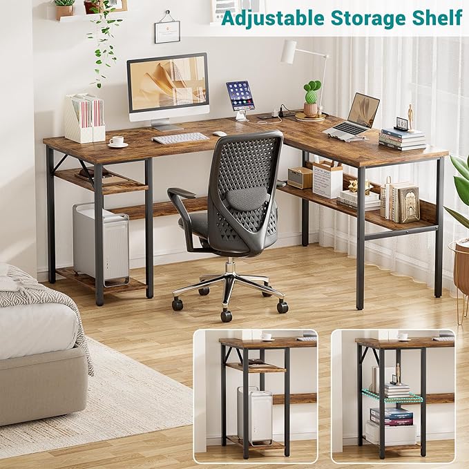 Reversible L Shaped Computer Desk with Power Outlets and USB Charging Ports, Sturdy Corner Desks with Storage Shelf, Modern Work Gaming Table for Home Office, Easy to Assemble, Rustic Brown