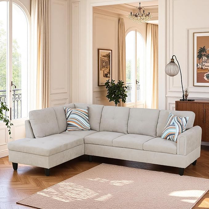 L Shaped Couch Sectional Couches with Chaise, Fluffy Fabric 3 Pieces Modular Convertible Sofa for Living Room Furniture Sets and Small Apartment, Light Grey