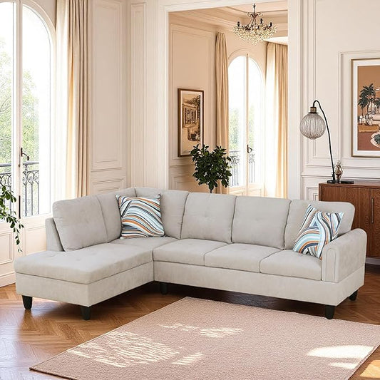 L Shaped Couch Sectional Couches with Chaise, Fluffy Fabric 3 Pieces Modular Convertible Sofa for Living Room Furniture Sets and Small Apartment, Light Grey