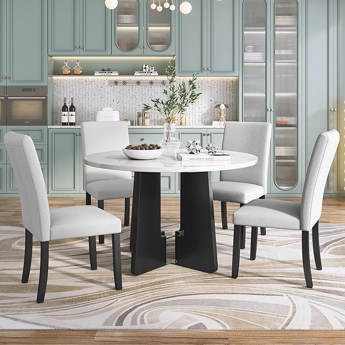Merax 5-Piece Round Dining Table Set, Modern 4 Upholstered Chairs for Living,Kitchen Room, 43 Inch, Beige+White
