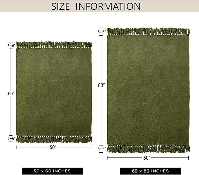 Chenille Throw Blanket for Couch 50"X 60", Soft Cozy Throws with Fringe Tassel for Bed Sofa Chair Cover, Lightweight Knitted Decorative Boho Blankets for Living Room, Olive Green