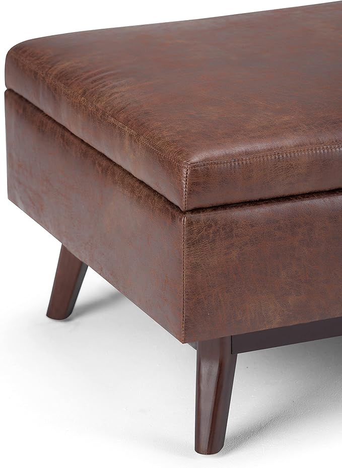 SIMPLIHOME Owen 34 inch Wide Mid Century Modern Rectangle Coffee Table Storage Ottoman in Distressed Saddle Brown Vegan Faux Leather, Assembled, For the Living Room, Entryway and Family Room