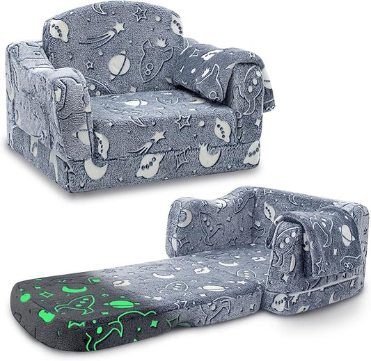 Comfy Toddler Couch and Chair for Kids with Blanket, 2-in-1 Soft Plush Fold Out Kids Sofa Chairs for Girls and Boys, Convertible Sofa to Lounger for Playroom, Glowing Starry Sky