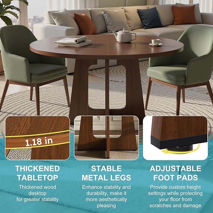47" Round Dining Table for 4-6, Modern Small Dinner Table Farmhouse Round Kitchen Tables with Wood Grain Finish for Dining Room, Kitchen, Living Room, Walnut Brown