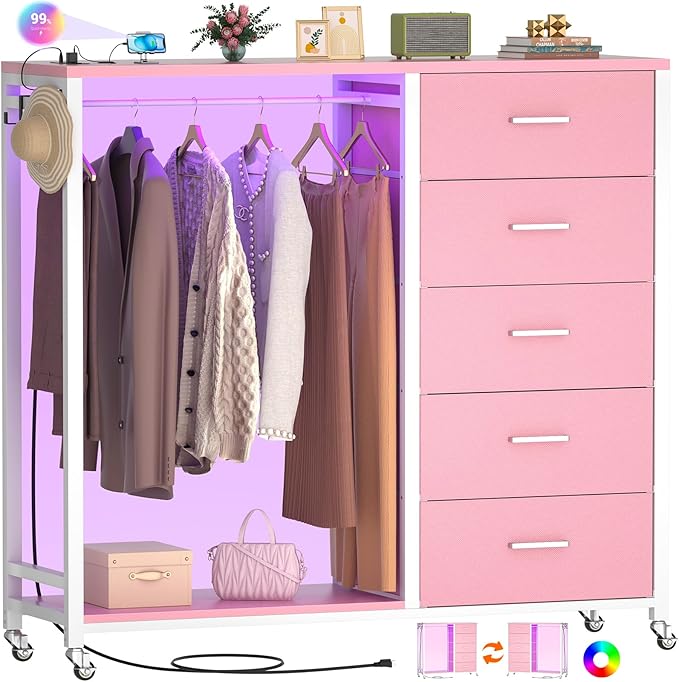 Cyclysio Dresser for Bedroom with Clothes Rack, 5 Fabric Drawers Dresser with Charging Station & LED Lights, Pink Storage Chest of Drawers with Wheels, Wooden Top, Lockable Wheels, Closet, Pink