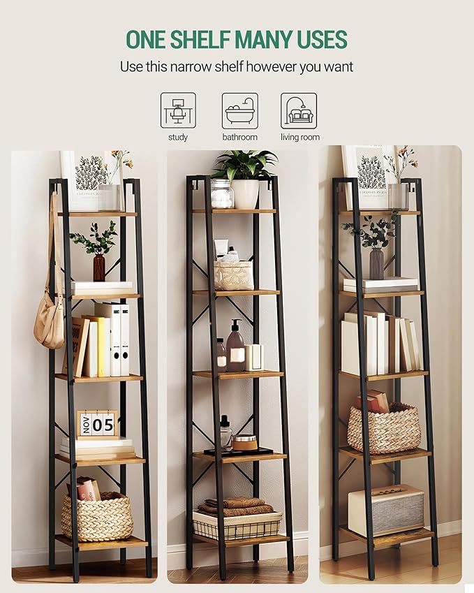 Ladder Shelf, Bookshelf Bookcase, Freestanding Corner Storage Shelve with 2 Hooks for Home Office, Living Room, Kitchen, Bedroom, Industrial, 5-Tier Rustic Brown BC03201B