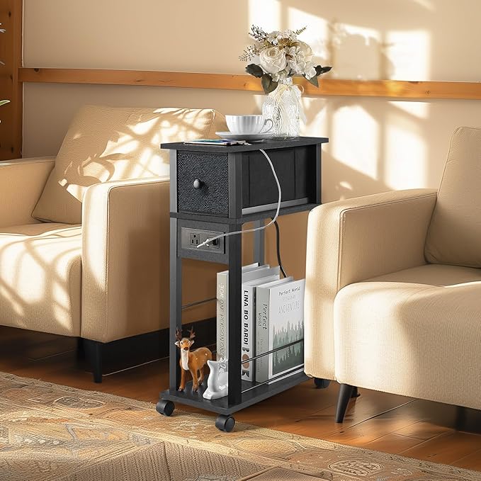 Side Table with Charging Station and Drawer, Narrow End Table with USB Ports and Outlets for Small Space, Living Room, Bedroom and Office, with 4 Wheels (1, Black)