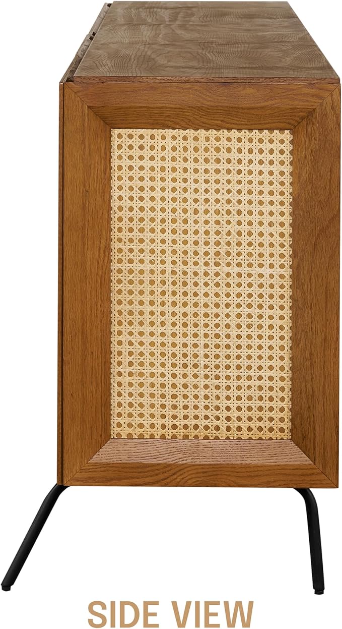 NTC MOSSIC Modern Sideboard with 4 Doors, Natural Rattan Storage Cabinet, Buffet with Metal Legs, Boho Accent Cabinet for Living Room, and Entryway, Effortless Assembly - Rustic Oak