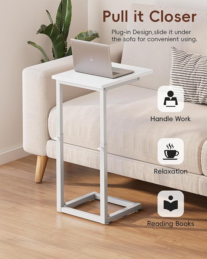 Vagusicc C Shaped End Table, 33" Tall Couch Table Adjustable Height Side Table, Sofa Table That Slide Under, C Table End Table TV Tray Coffee Arm Table for Living Room, Bedroom, Small Spaces, White
