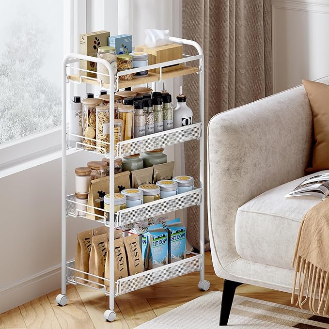 KINGRACK Metal Wide Rolling Cart, 4-Tier Metal Utility Cart, Storage Cart with Wooden Tabletop, for Laundry Bathroom Kitchen Room Bedroom Apartments Dormitory (Pure White, Wide)