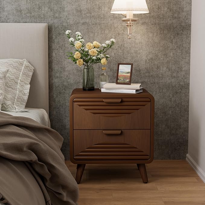 COSIEST Mid-Century Nightstand, Vintage Accent Furniture w 2 Storage Drawers, Modern End Table w Striped Pattern, Wood Small Accent Table for Bedroom, Living Room(Brown,2 Pieces)