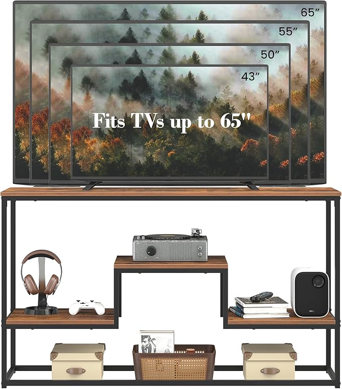 TV Stand for TVs up to 65 Inch, TV Console Table with 3-Tier Open Storage Shelves, Modern Industrial Entertainment Center for Living Room, Bedroom, Rustic Brown