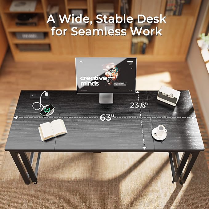 Huuger 63 x 24 inch Desk with Power Outlets & USB-C, Deeper & Thicker Desktop, Robust Metal Tubes, Computer Desk, Heavy Duty Office Desk, Work Gaming Desk, for Home Office, Black