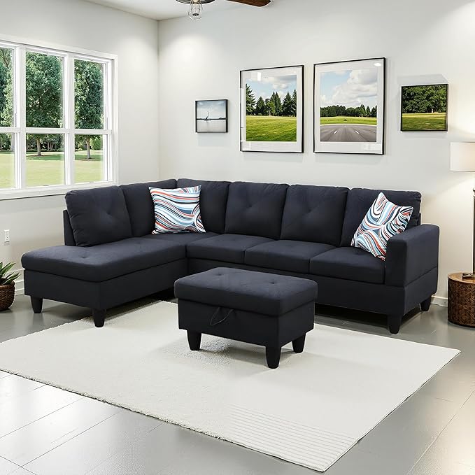 NicBex Sectional Couch 3 Pieces Sofa Set with Right Chaise Linen L Shaped Cloud Couch for Living Room Furniture Sets with Storage Ottoman, Modular Sofa for Living Room & Apartment, Black Grey